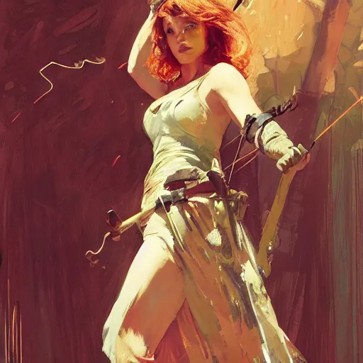 Image similar to annie edison as robin hood, intricate, elegant, highly detailed, greg manchess, mucha, liepke, ruan jia, jeffrey catherine jones, ridley scott