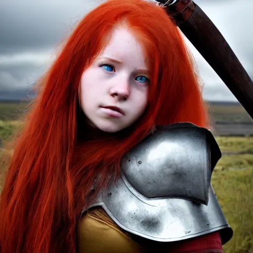 Image similar to north girl, warrior, red hair, fantasy, high detailed, photography, cloudy, lightweight armor, Scandinavia, plain, Authentic, detailed face, spear in hand