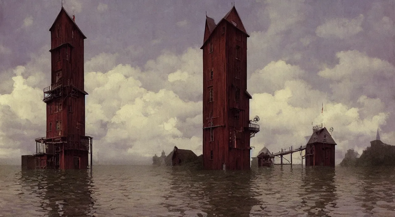 Prompt: single flooded simple victorian wooden tower, very coherent and colorful high contrast!! masterpiece by rene magritte simon stalenhag carl spitzweg syd mead norman rockwell edward hopper james gilleard, minimalist, dark shadows, sunny day, hard lighting