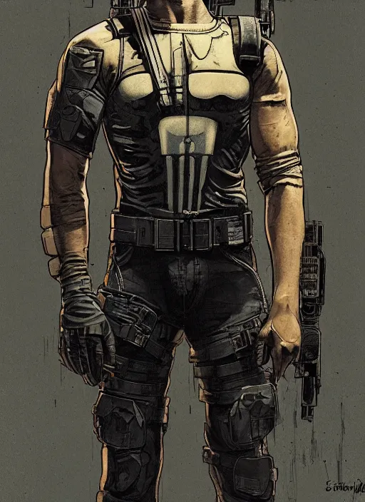 Prompt: the punisher. cyberpunk mercenary in tactical harness and jumpsuit. spin kick. portrait by stonehouse and mœbius and will eisner and gil elvgren and pixar. realistic proportions. dystopian. cyberpunk 2 0 7 7, apex, blade runner 2 0 4 9 concept art. cel shading. attractive face. thick lines.