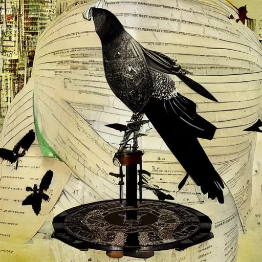 Image similar to a mechanical bird wanders between the virtual realms of urban informatics and computational social science, collage artwork by dave mckean and ivan shishkin and james jean