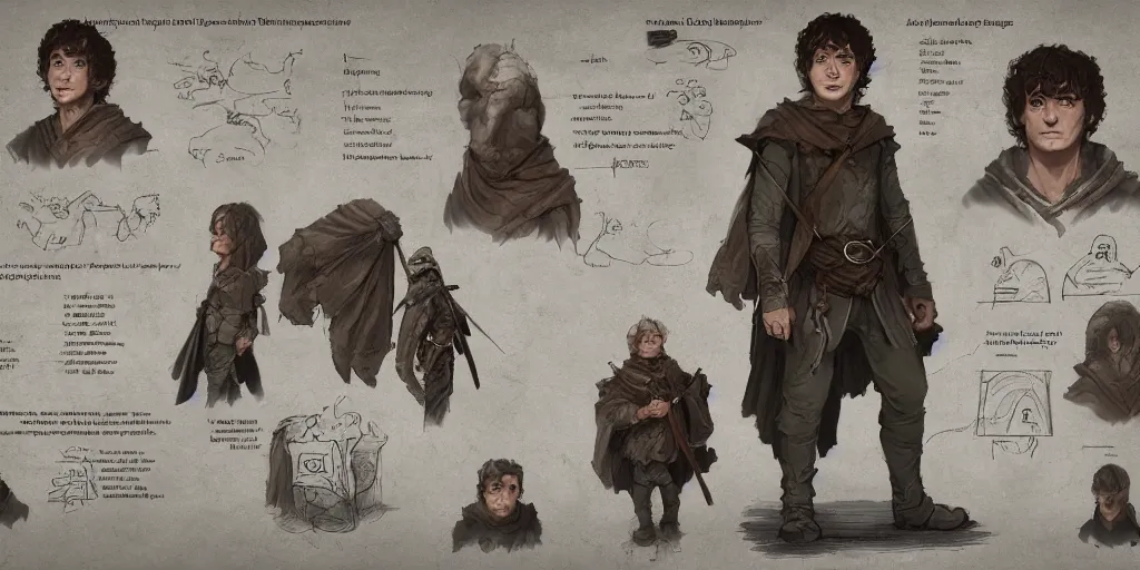 Prompt: frodo baggins, character sheet, concept design, contrast, kim jung gi, greg rutkowski, zabrocki, karlkka, jayison devadas, trending on artstation, 8 k, ultra wide angle, pincushion lens effect