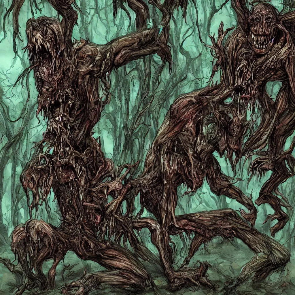 Prompt: forest, horrifying creature, necro, necromorph, fangs