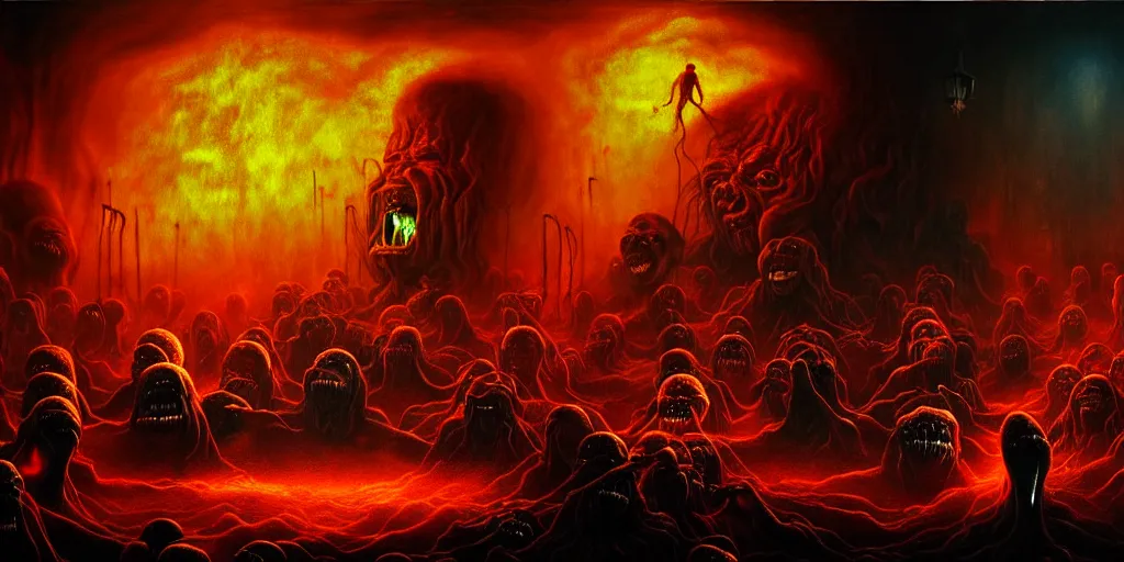 Image similar to repressed emotion creatures and monsters at the mouth of hell, dramatic lighting glow from giant fire, attempting to escape and start a revolution, in a dark surreal painting by ronny khalil