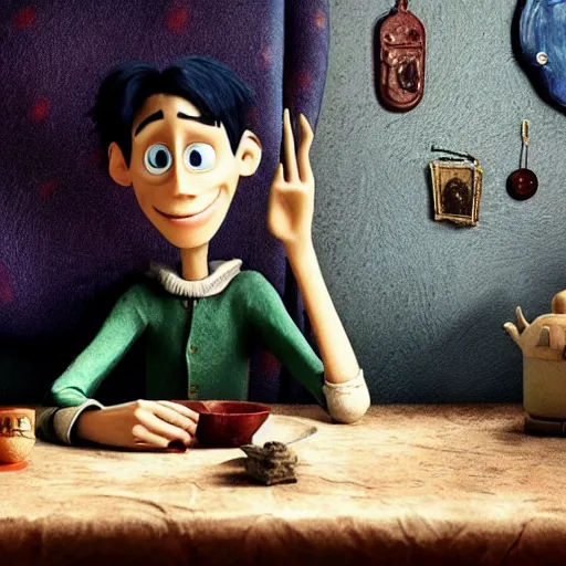 Image similar to Live Action Still of Jerma in Coraline, real life, hyperrealistic, ultra realistic, realistic, highly detailed, epic, HD quality, 8k resolution, body and headshot, film still