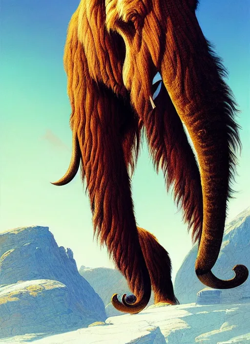 Prompt: a hyperrealism portrait of a mammoth with very long legs vibrant color scheme, highly detailed, in the style of romanticism, cinematic, artstation, moebius, greg rutkowski