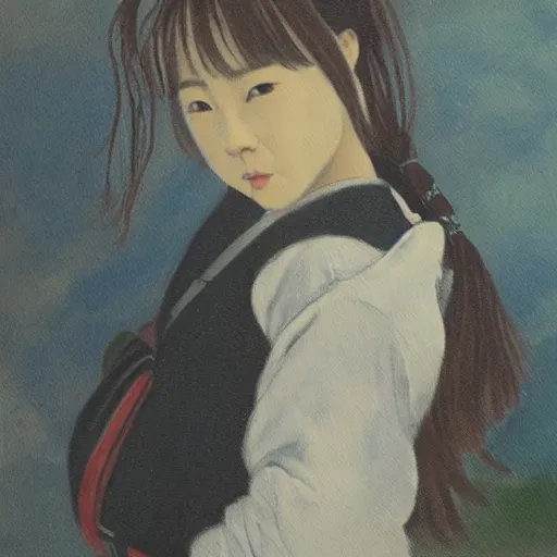 Image similar to a painting of Japanese schoolgirl, clothed, realism and naturalism