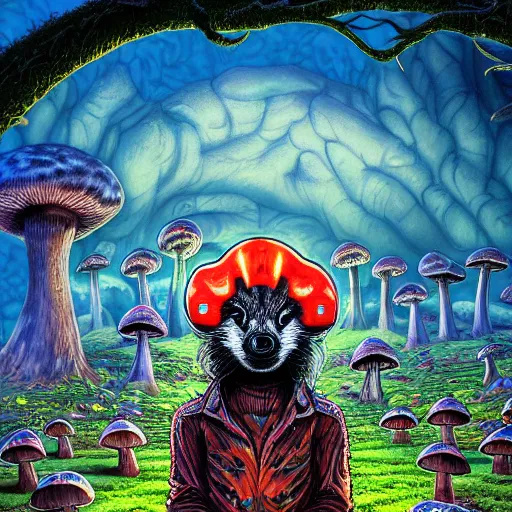 Image similar to 4 k headshot portrait of a psychedelic demonic anthropomorphic badger with mushroom themed clothes, magic mushroom village in background by jeff easley, award winning, stylized neon, post - processing, masterpiece, superb resolution. in the art style of junji ito and greg rutkowski. detailed mushroom city in background. hyper realistic anime. perfect art. dalle 2