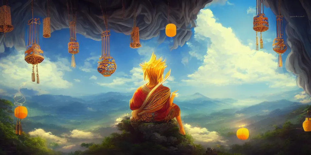 Image similar to painting of wind god enjoying the view from his stone heavenly palace, decorated with windchimes and paper lanterns, nature and clouds in background, digital art, trending on artstation