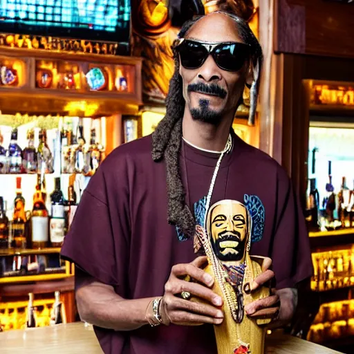 Image similar to snoop dogg at trader vic's bar holding a tiki mug with his face on it