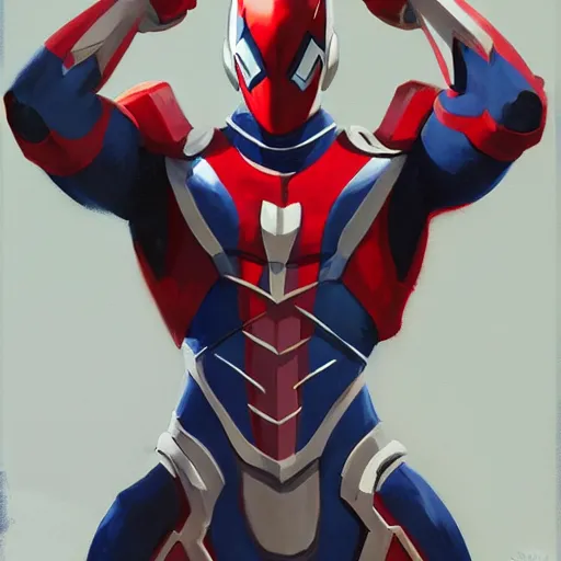 Image similar to greg manchess portrait painting of armored spiderman ultraman japanese cyborg hybrid as overwatch character, medium shot, asymmetrical, profile picture, organic painting, sunny day, matte painting, bold shapes, hard edges, street art, trending on artstation, by huang guangjian and gil elvgren and sachin teng