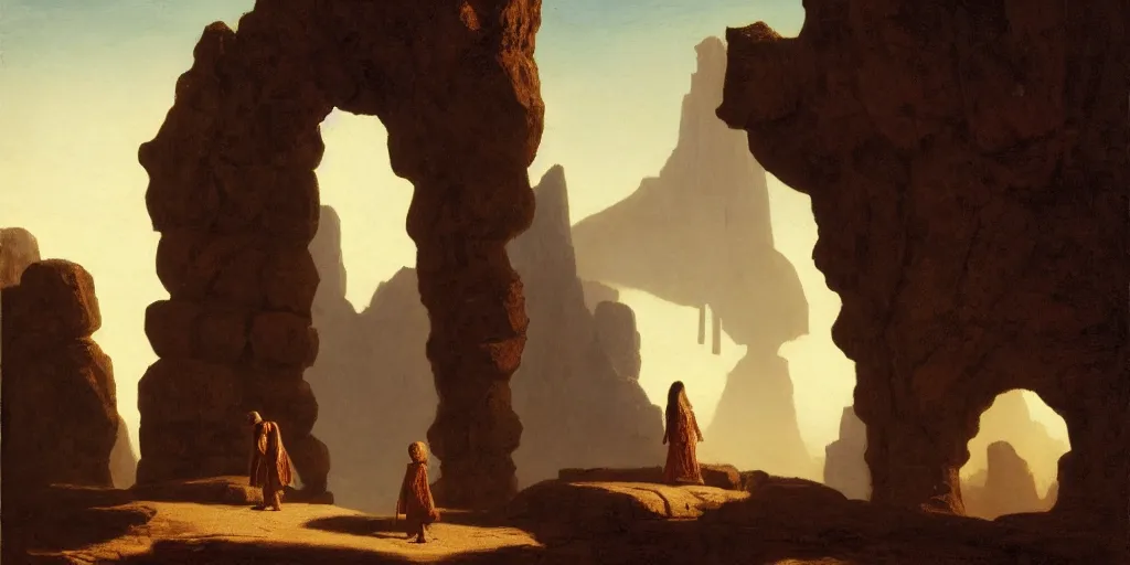 Prompt: a young girl stands next to a stone giant, shadow of the colossus, in front of a temple, in a large desert cave, dramatic lighting, hudson river school