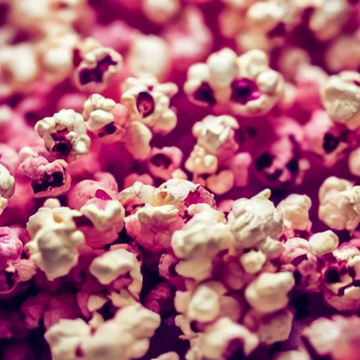 Image similar to close up high resolution photo of pink popcorn, very tasty, food photography, instagram, trending