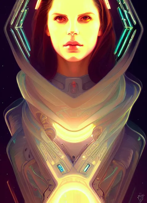 Image similar to symmetry portrait of lana del rey, sci - fi, tech wear, glowing lights intricate, elegant, highly detailed, digital painting, artstation, concept art, smooth, sharp focus, illustration, art by artgerm and greg rutkowski and alphonse mucha