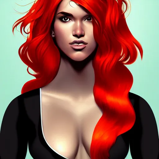 Prompt: a stunning upper body portrait of a beautiful woman with fiery hair by marvel comics, digital art, trending on artstation