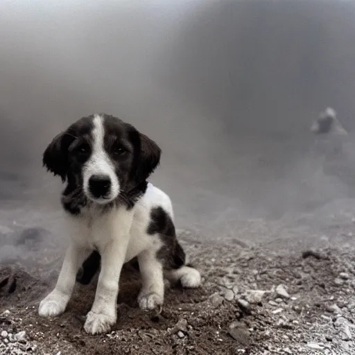 Prompt: puppy working in a dusty coal mine, wearing hard hat, fog, photo from 1 9 9 8,