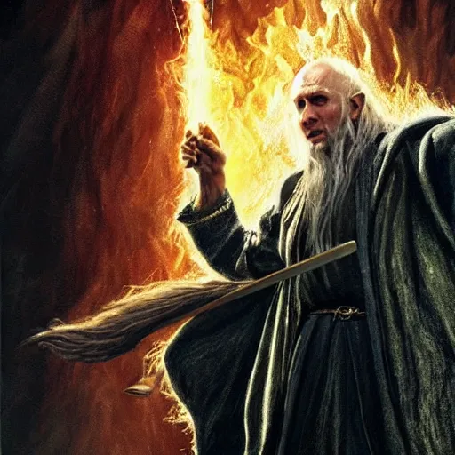 Image similar to Saurom from Lord of the Rings as a wizard in Harry Potter, fighting Lord Voldemort, dramatic lighting, oil painting, highly detailed