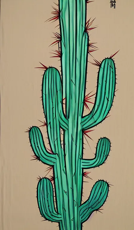 Prompt: lonely cactus by Shen Quan, hanging scroll, ink and colours on silk