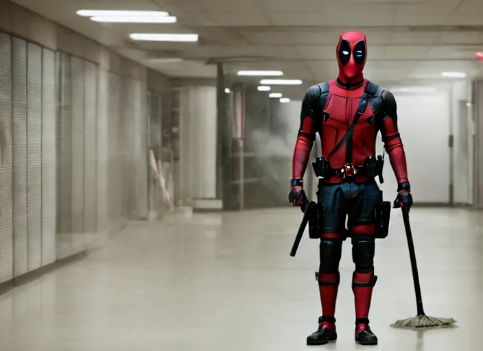 Image similar to film still of Deadpool works as a janitor in the new Deadpool movie, 4k