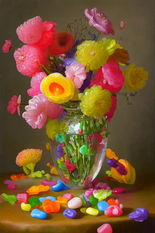 Image similar to painting of gummy flowers in a vase on a table, by rachel ruysch, pop surrealism, biomorphic, made of gummy bears flowers and jelly beans flowers, translucent gummy glowing delicious texture