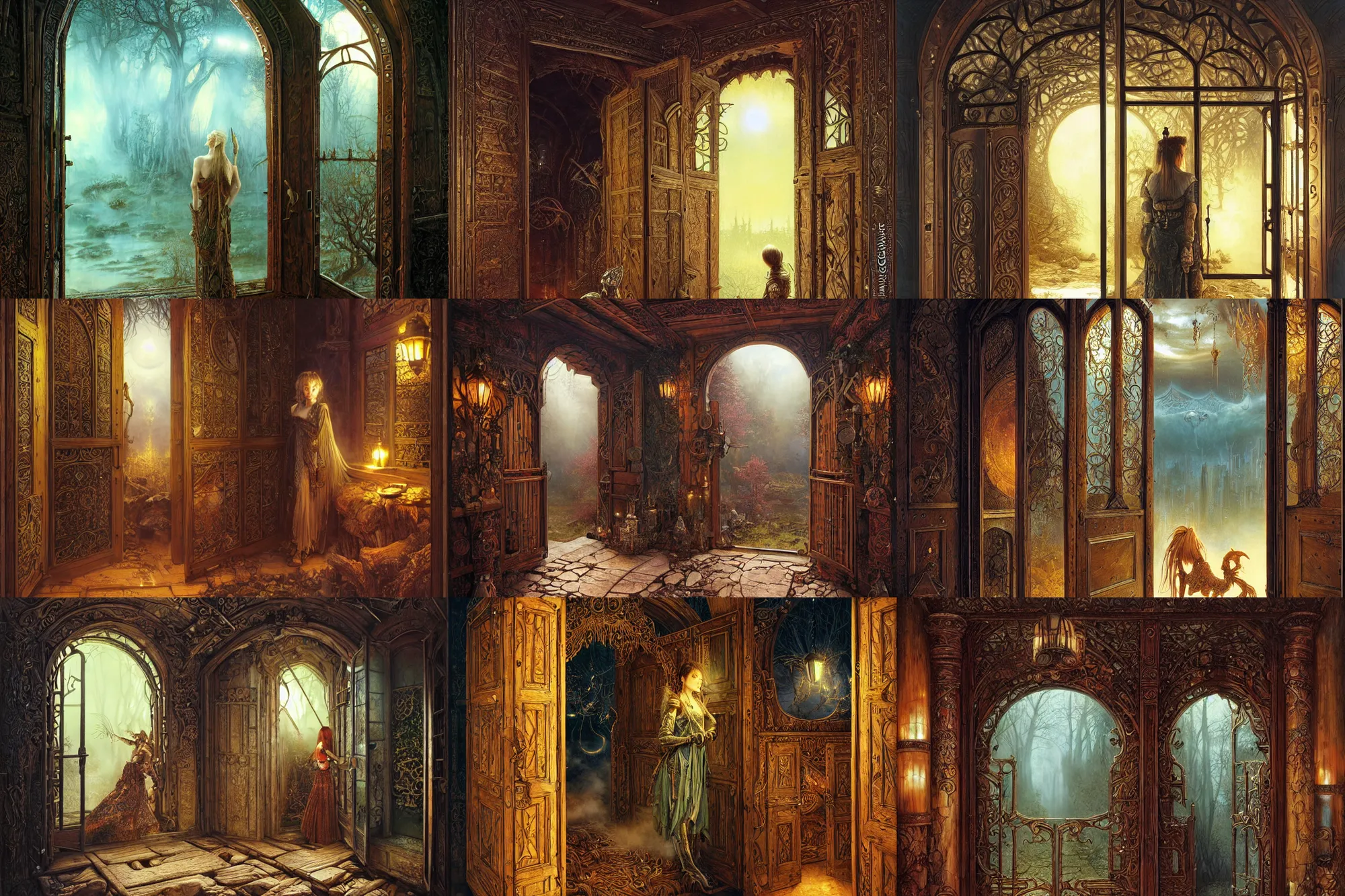 Prompt: large rustic intricately decorated wooden double door, metal handles, a view to a fantasy world, strong eerie back light, mist, fantasy art by james c christensen, norisyoshi ohrai
