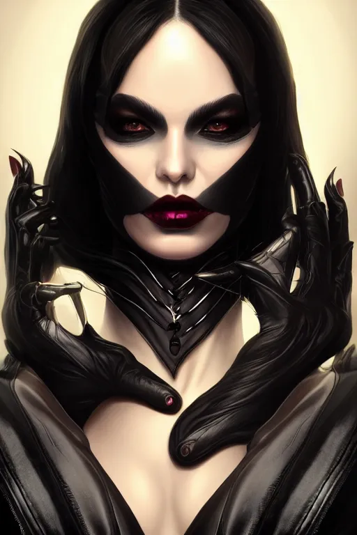 Image similar to portrait of dark goddess, black leather and velvet, body fully clothed, digital art, highly detailed, intricate, sharp focus, Trending on Artstation, HQ, unreal engine 5, 4K UHD image, by brom, artgerm, face by Otto Schmidt