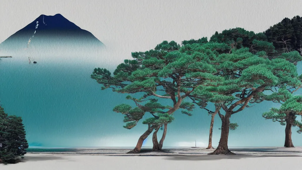 Image similar to a seaside landscape with sequoia trees, japan, a collage painting, in the style of wes anderson, lola dupre, david hockney, isolated on negative white space background dark monochrome neon spraypaint accents volumetric octane render