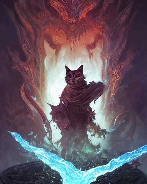 Image similar to Cat necronomancer, portrait, magic the gathering artwork, D&D, fantasy, cinematic lighting, centered, symmetrical, highly detailed, digital painting, artstation, concept art, smooth, sharp focus, illustration, volumetric lighting, epic Composition, 8k, art by Akihiko Yoshida and Greg Rutkowski and Craig Mullins, oil painting, cgsociety