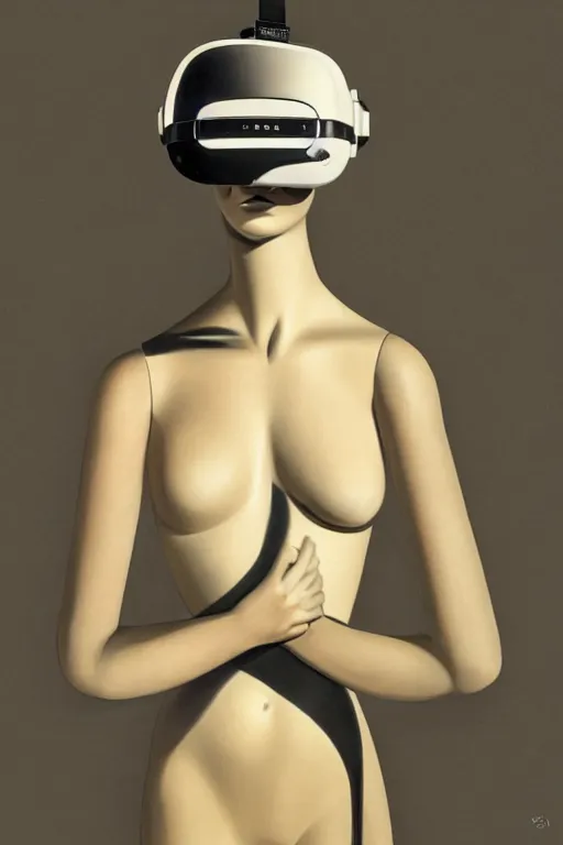 Image similar to cinematic portrait of a mannequin wearing an Oculus VR headset by Giorgio de Chirico. Centered, uncut, unzoom. charachter illustration, ultra realistic, zenith view, polished. artstation, cgsociety, unreal engine, ray tracing, hd, 4k, digital art, overdetailed art. visionary concept art. Dslr, tiltshift, dof. 64megapixel. complementing colors. Trending on artstation, deviantart