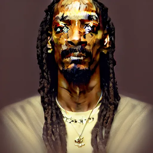 Image similar to intense portrait of the snoop dog, intricate, elegant, highly detailed, my rendition, digital painting, artstation, concept art, smooth, sharp focus, radiant light, illustration, art by artgerm and greg rutkowski and alphonse mucha