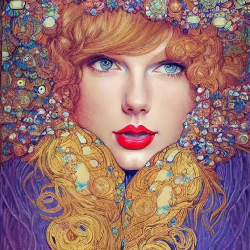 Image similar to romantic painted portrait of taylor swift by james jean!!!, mucha, klimt