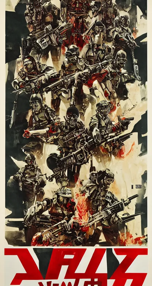 Prompt: Movie Poster for Schwartzlicht,about Chinese Russian Zombie Troopers Designed By Yasushi Nirasawa battle Japanese America Cyborgs Designed by Syd Mead and Giger, 1970s style, very detailed, text says: Schwarzlicht