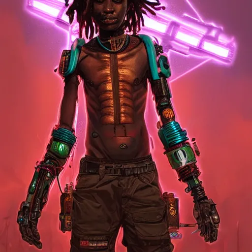 Prompt: a dark and ominous cyborg african child soldier with glowing eyes and dreadlocks, neon graffiti, Apex Legends character digital illustration portrait design, by android jones and greg rutkowski in a cyberpunk voodoo style, retrowave color scheme, detailed, cinematic lighting, wide angle action dynamic portrait