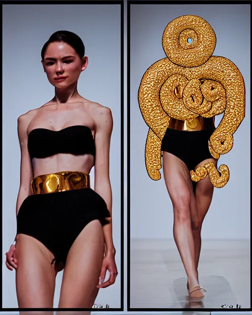 Prompt: multi panel storyboard of olivia wearing an outfit made of golden donuts, runway model at new york fashion week, fit physique, black hair, freckles, pale skin, multiple angles, photo by greg rutkowski, stage lighting, soft colors, female beauty, intricate detail, elegance, 3 5 mm, depth of field, masterpiece