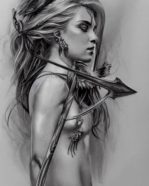 Image similar to tattoo sketch of beautiful greek goddess aphrodite holding a bow and arrow, arrowhead earrings, beautiful piercing eyes, flowing blonde hair, realistic face, hyper realistic, in the style of greg rutkowski, fantasy, amazing detail, epic, intricate, elegant, smooth, sharp focus