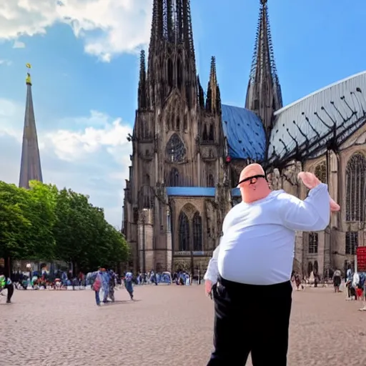 Prompt: Peter griffin in front of koln cathedral, he is dancing and doing the griddy