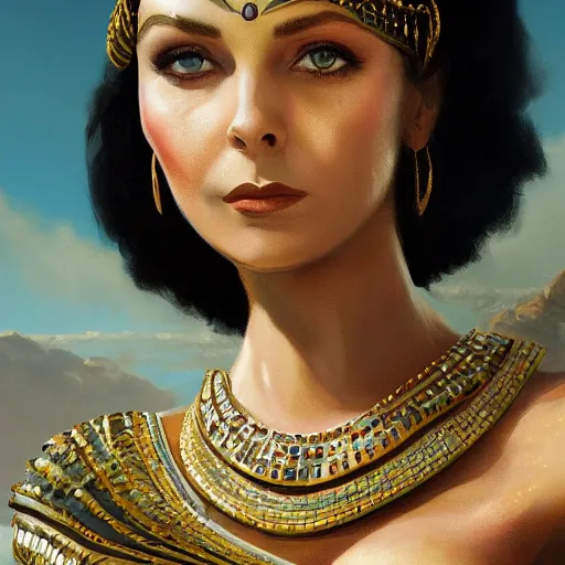 Image similar to closeup portrait of a young vivian leigh as cleopatra, palace background, dramatic light, gorgeous view, depth, high detail, digital art, painted by greg rutkowski, trending on artstation