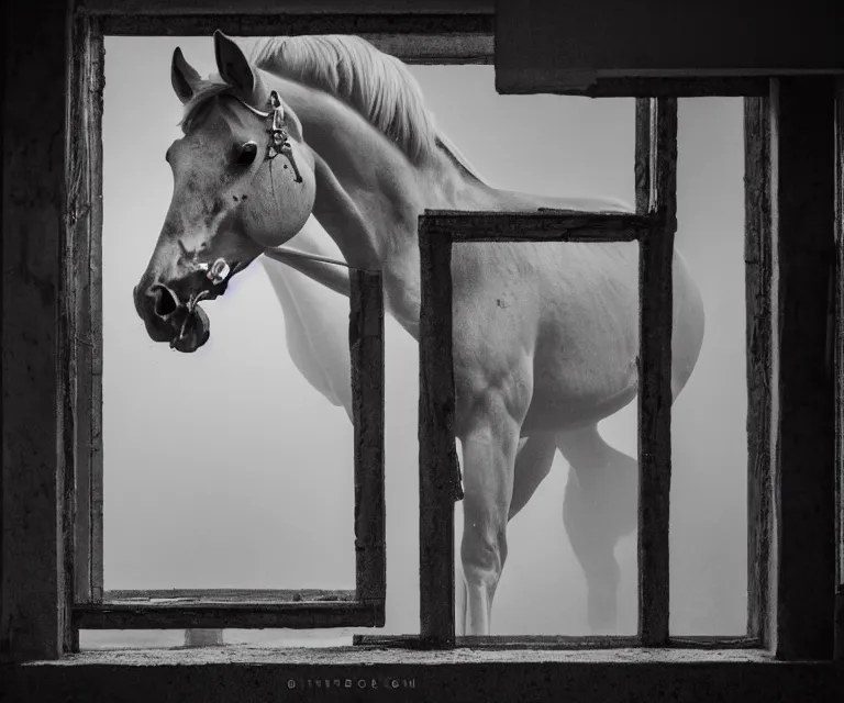 Image similar to award winning photography of the skeleton of a horse next to a window, detailed photography, beautiful lighting, 8 k, f / 2. 8, shutter speed of 2 seconds, 1 3 5 mm, extremely high quality, foggy