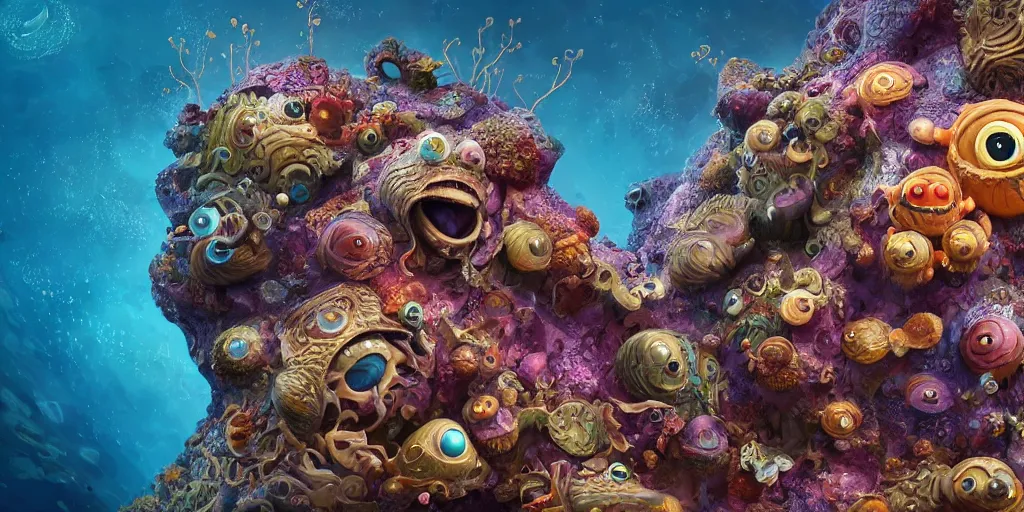 Image similar to of an intricate sea reef with strange cute friendly happy creatures with huge eyes, mouth, long tongue, round teeth and goofy face, appearing from the background, in the style of gehry and gaudi, macro lens, shallow depth of field, ultra detailed, digital painting, trending artstation, concept art, illustration, cinematic lighting, photorealism, epic, octane render