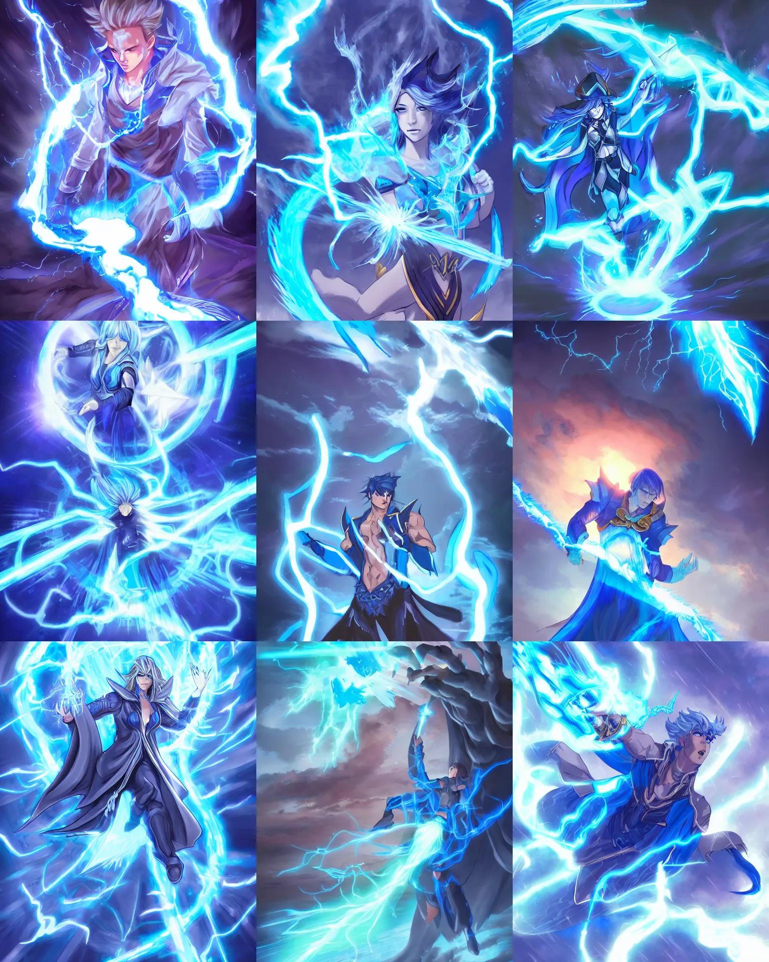 Prompt: male mage summons blue pillar of lightning from the sky, drawn by ross tran