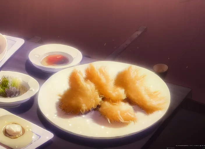 Image similar to a film still portrait of a plate with japanese food tempura, finely detailed features, closeup at the food, perfect art, at a dinner table, gapmoe yandere grimdark, trending on pixiv fanbox, painted by greg rutkowski makoto shinkai takashi takeuchi studio ghibli, akihiko yoshida