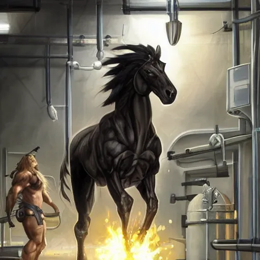 Image similar to splash art of a hyper - muscular black - coated anthropomorphic horse character in a research facility wearing a combat kevlar outfit, long hair, huge exaggerated muscles, highly detailed, furry, furaffinity, digital painting, artstation, sharp focus, illustration, art by artgerm, greg rutkowski, alphonse mucha