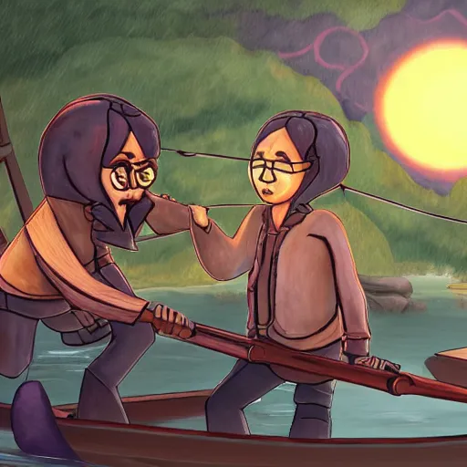 Image similar to hearthian and nomai building a boat together, outer wilds fanart