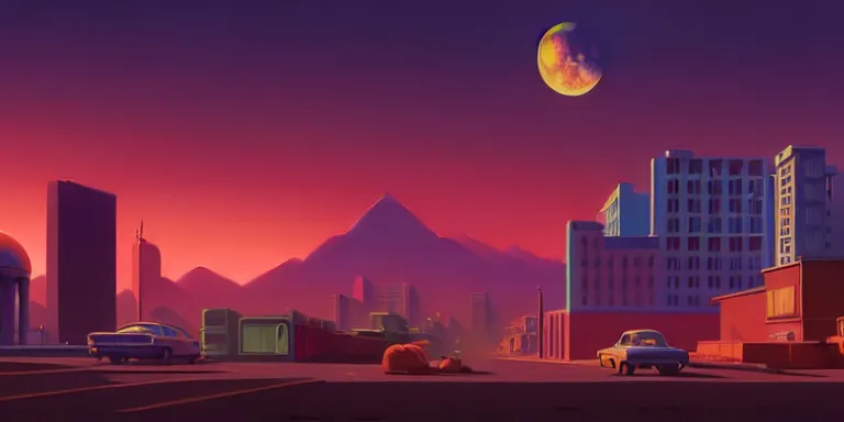 Image similar to an immaculate isometric cinematic keyframe matte painting of a sleek 1 9 7 0 s vaporwave rust belt city at dusk with an oversized moon. by eric lafforgue, glennray tutor and edward hopper, greg rutkowski. trending on artstation.