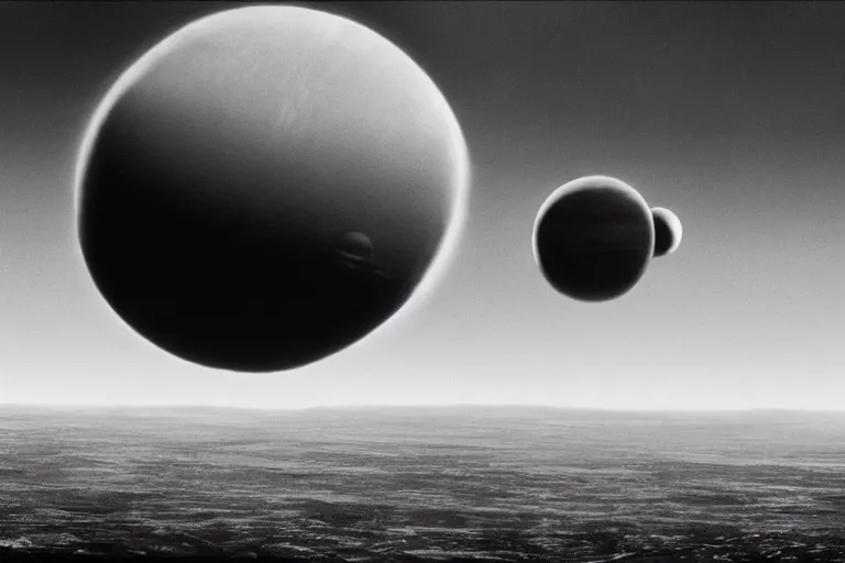 Image similar to an alien horizon, large planet in the sky, black and white spielberg 3 5 mm film cinematic 4 k