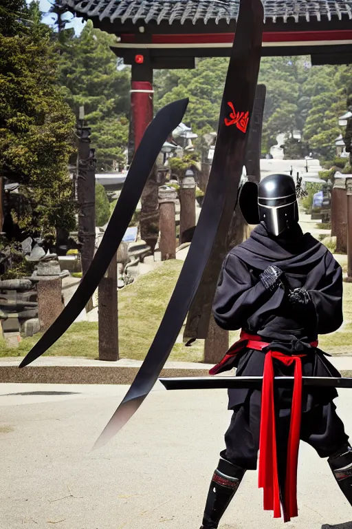 Prompt: a godlike and indomitable helmeted and masked samurai posing with their realistic detailed katana and wakizashi under an enormous Torii gate, the rising sun in the background. Badass pose. Photo realistic. Award winning