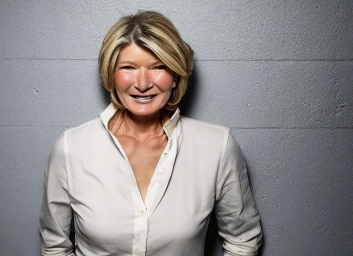 Image similar to photo still of martha stewart!!!!!!!! at age 4 6 years old 4 6 years of age!!!!!!!! in a prison cell behind bars, 8 k, 8 5 mm f 1. 8, studio lighting, rim light, right side key light