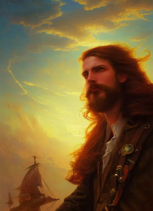 Image similar to portrait painting of a handsome face rugged long hair crimson hair male captain, top half portrait soft hair steampunk ornate mechanical zeppelin airship in the background sky sunset golden hour fantasy soft hair deviantart book cover art dramatic volumetric lighting art by wlop greg rutkowski gaston bussiere