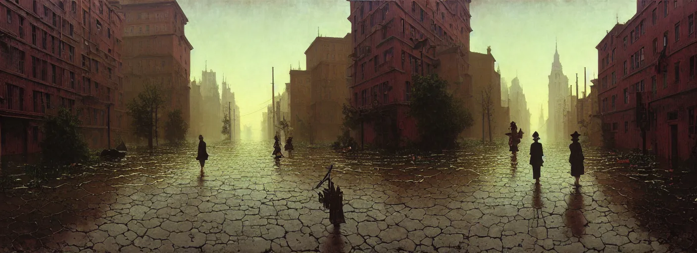 Image similar to flooded old wooden empty cursed city street, very coherent and colorful high contrast masterpiece by norman rockwell rene magritte simon stalenhag carl spitzweg jim burns, full - length view, dark shadows, sunny day, hard lighting, reference sheet white background