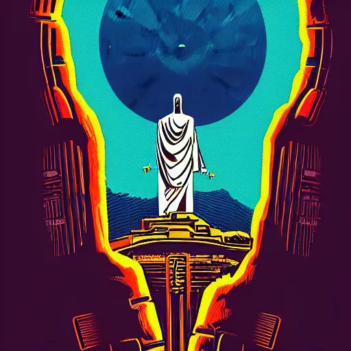 Image similar to detailed comic style illustration of robotic cyborg christ the redeemer statue, in front of a nuclear explosion, cyberpunk, retro-futurist, dark